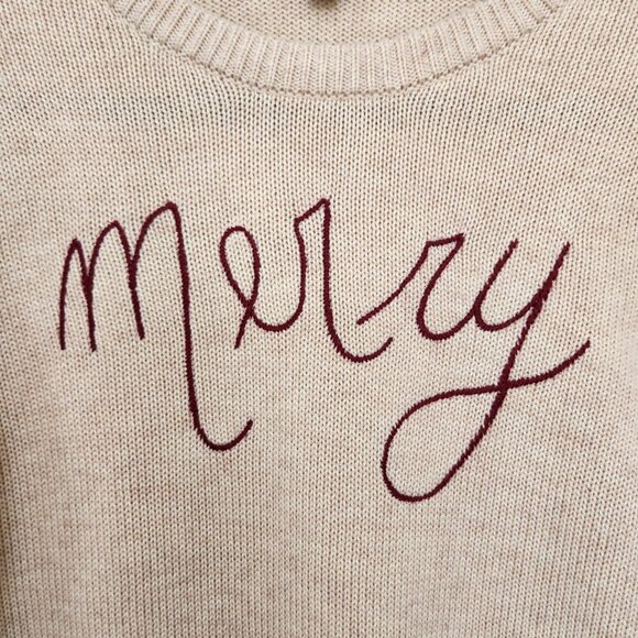 Minimalist 'Merry' Christmas Sweater Cream Red Wool Blend Crew Neck Knit - Picture 3 of 7